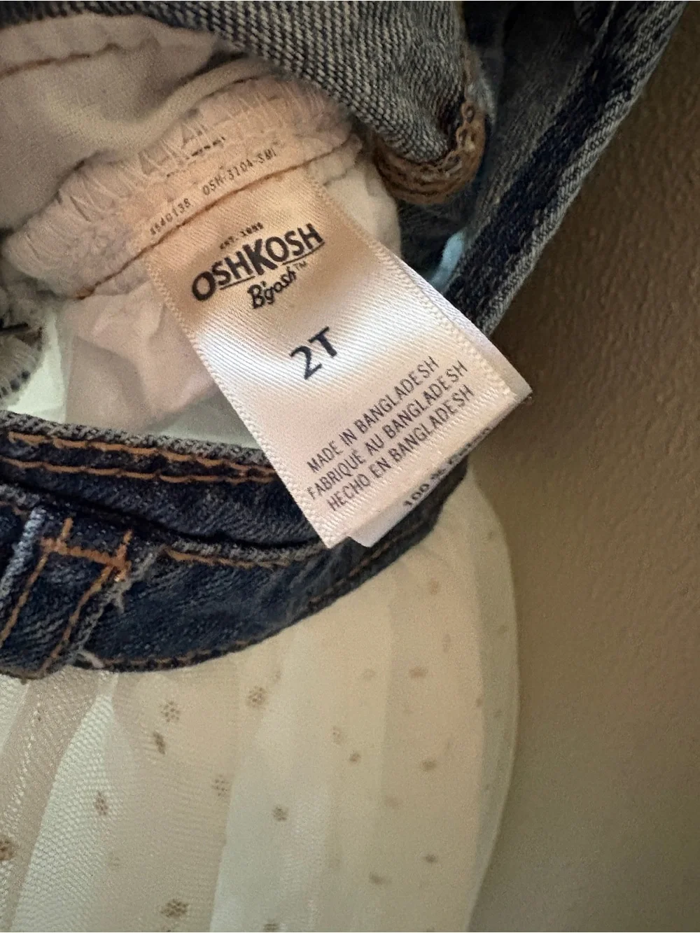 OshKosh B'gosh Dark Blue Denim Overall Dress with White Tulle
